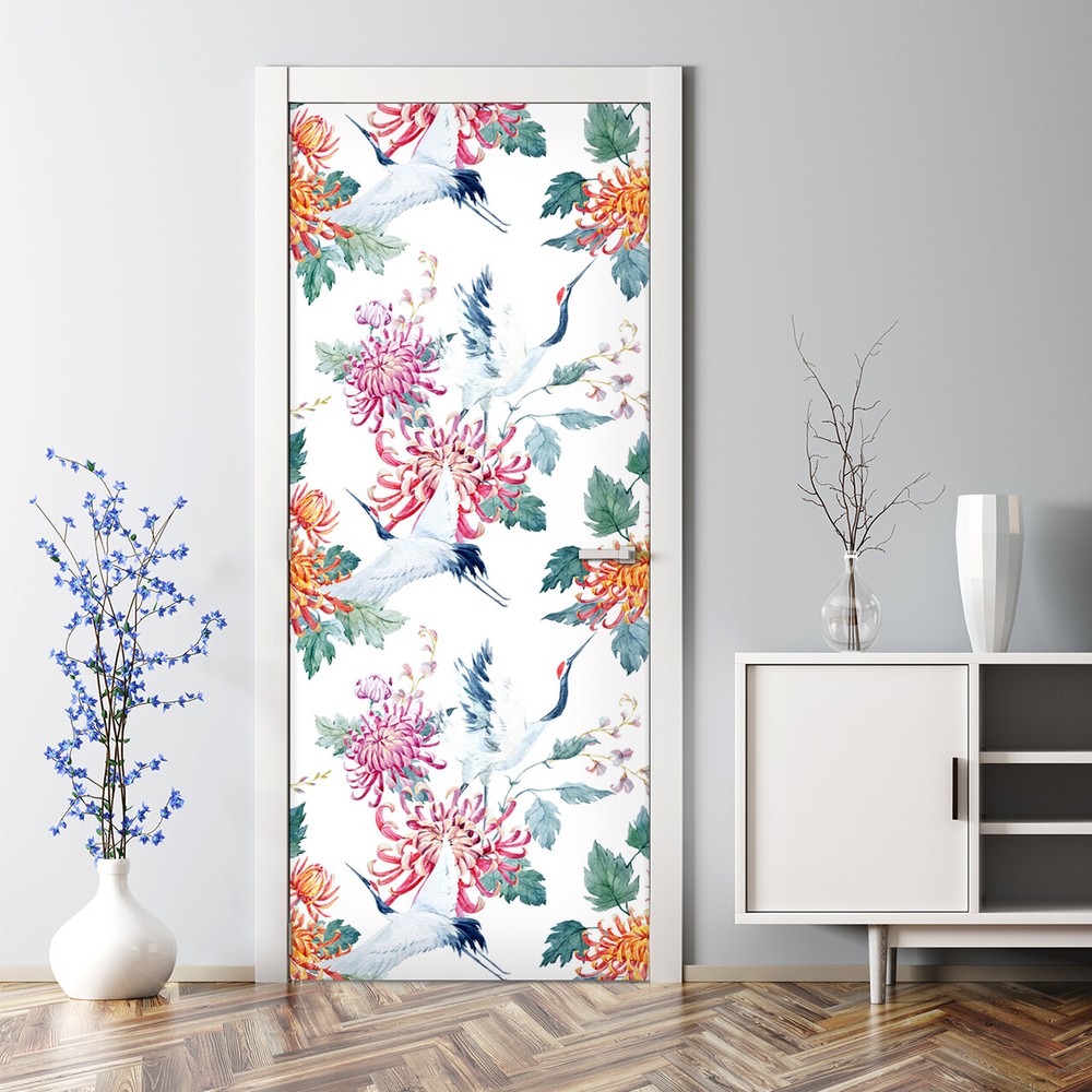 Floral Crane Self-Adhesive Bubble-Free Door Decal Peel and Stick