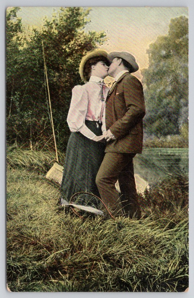 Vintage Romantic Kissing Couple Postcard Edwardian Era German Art Fishing Scene