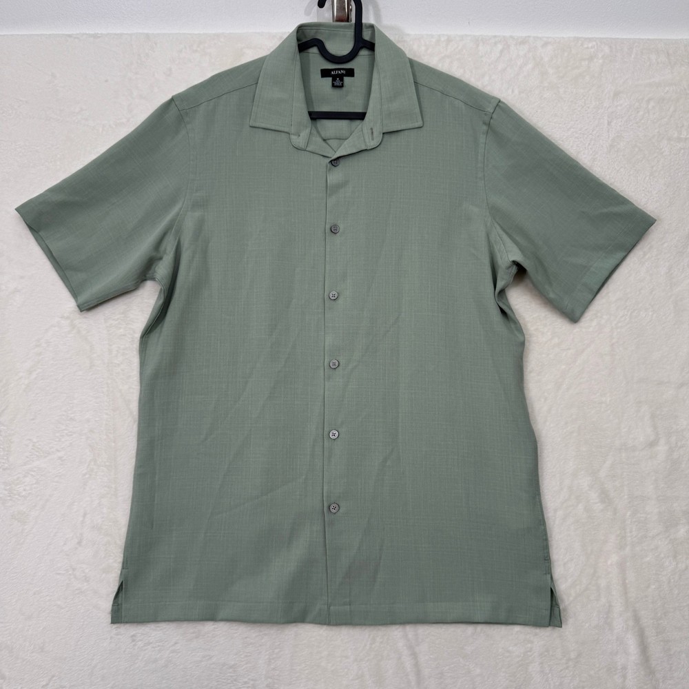 Alfani Shirt Mens M Sage Green Camp Collar Short Sleeve Textured Button Down
