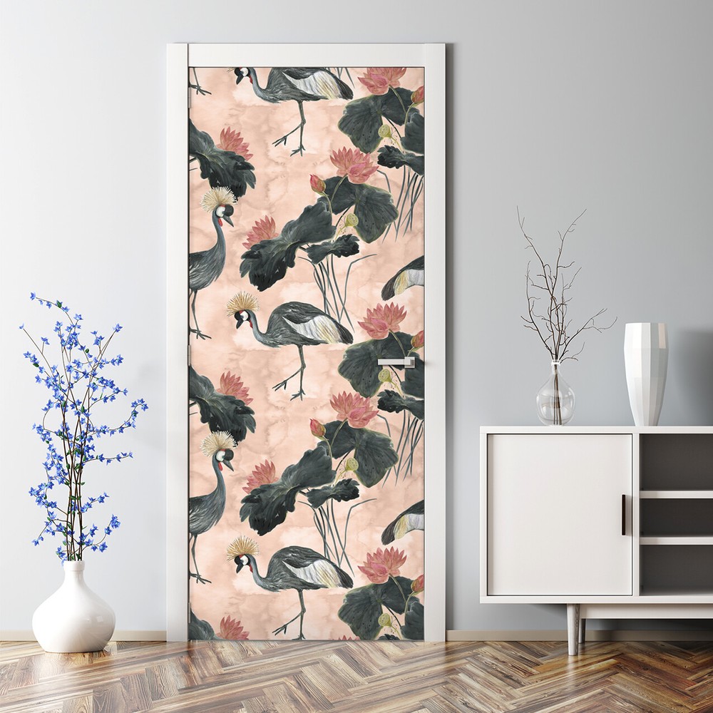 Chinese cranes Bubble Free Door sticker pink and blue Home Decor self-adhesive