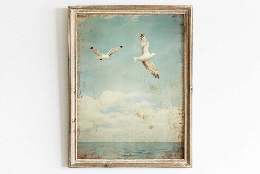 Seagull Art Print Sea Bird Wall Art Bird Painting Sea Coastal Vintage Wall