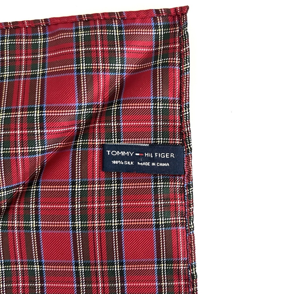 Red Tartan Plaid 100% Silk Twill Pocket Square Mens Tommy Hilfiger