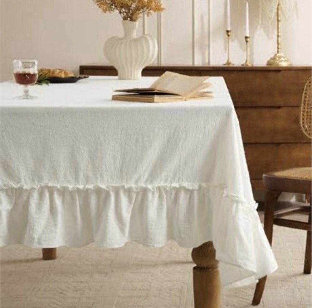 Farmhouse Vintage Boho Rectangle Tablecloth 52 X 70 Ruffle Cotton White Flounces