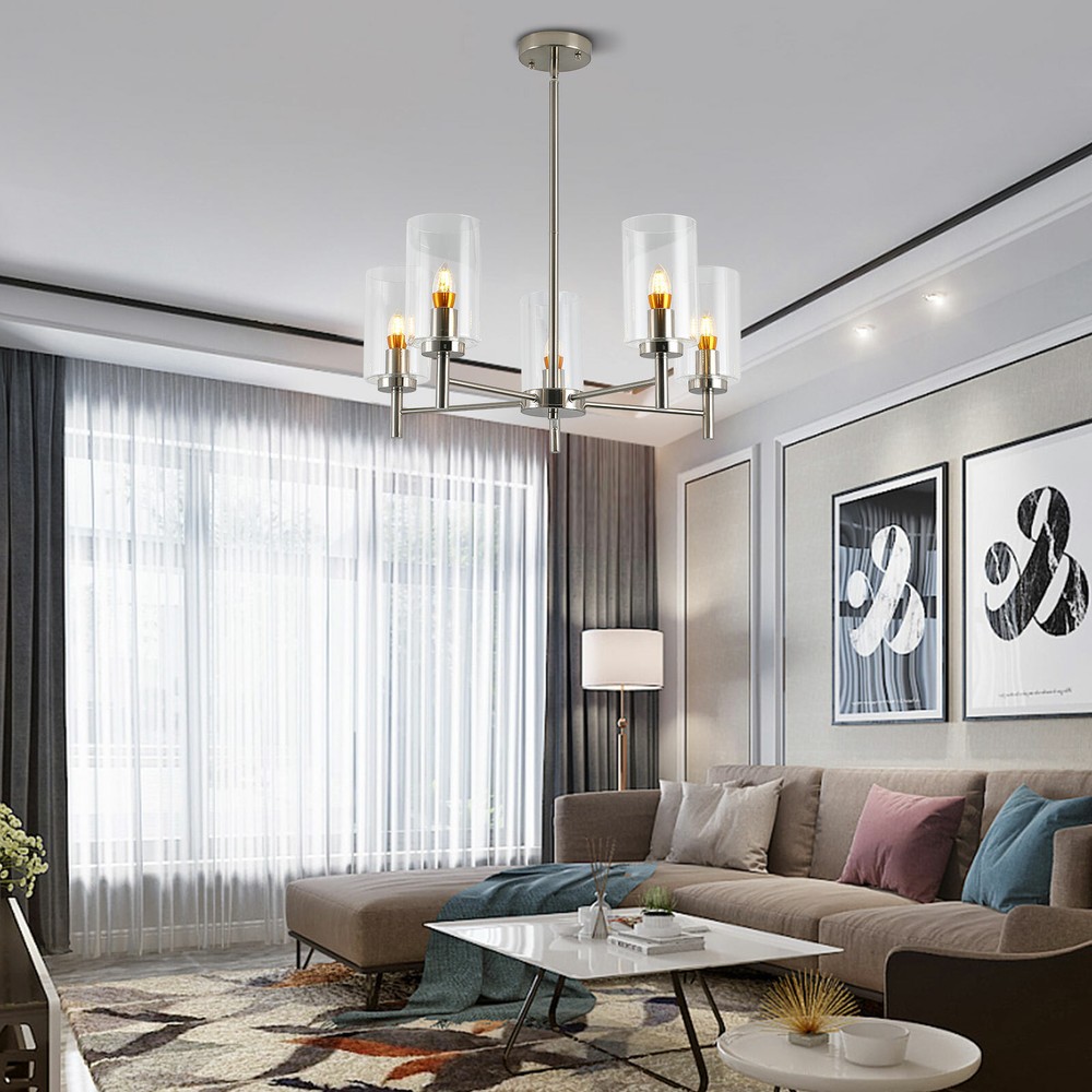 5-Light Modern Living Room Chandelier with Metal and Glass Design