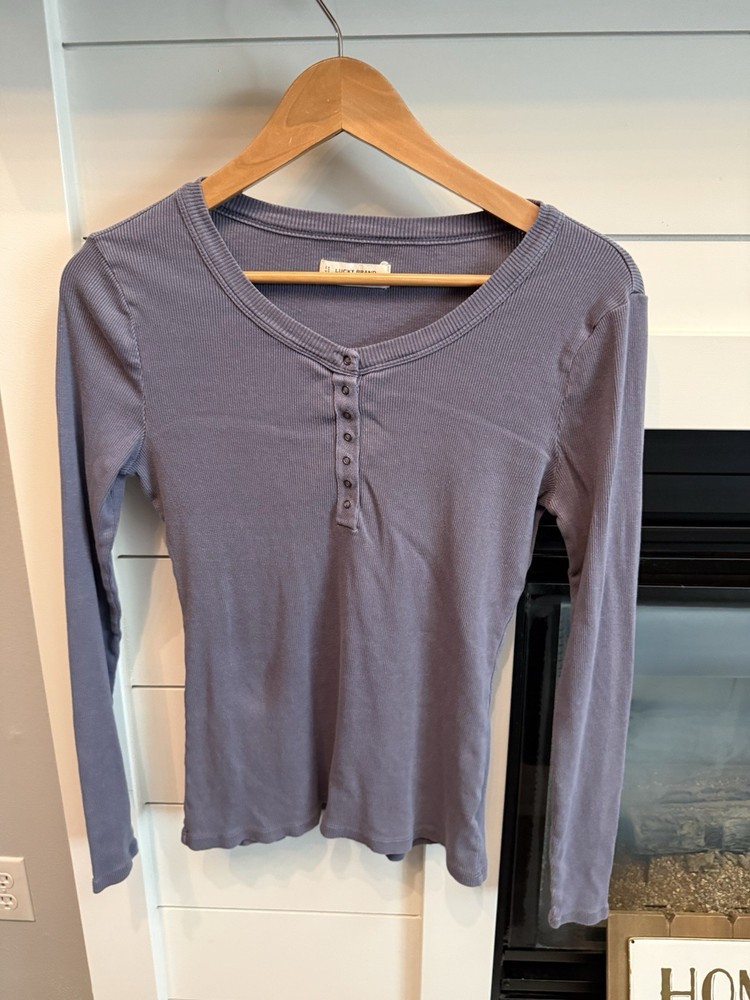 Lucky Brand Women’s Henley Bluish Blouse Size Medium Long Sleeve Cotton Blend