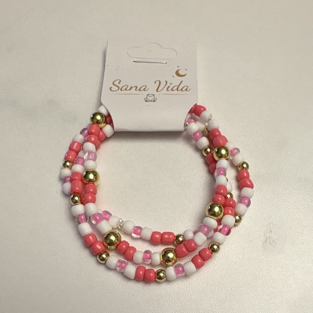 Sana Vida Pink White Gold Beaded Adjustable Bracelet Glass Round Fashion