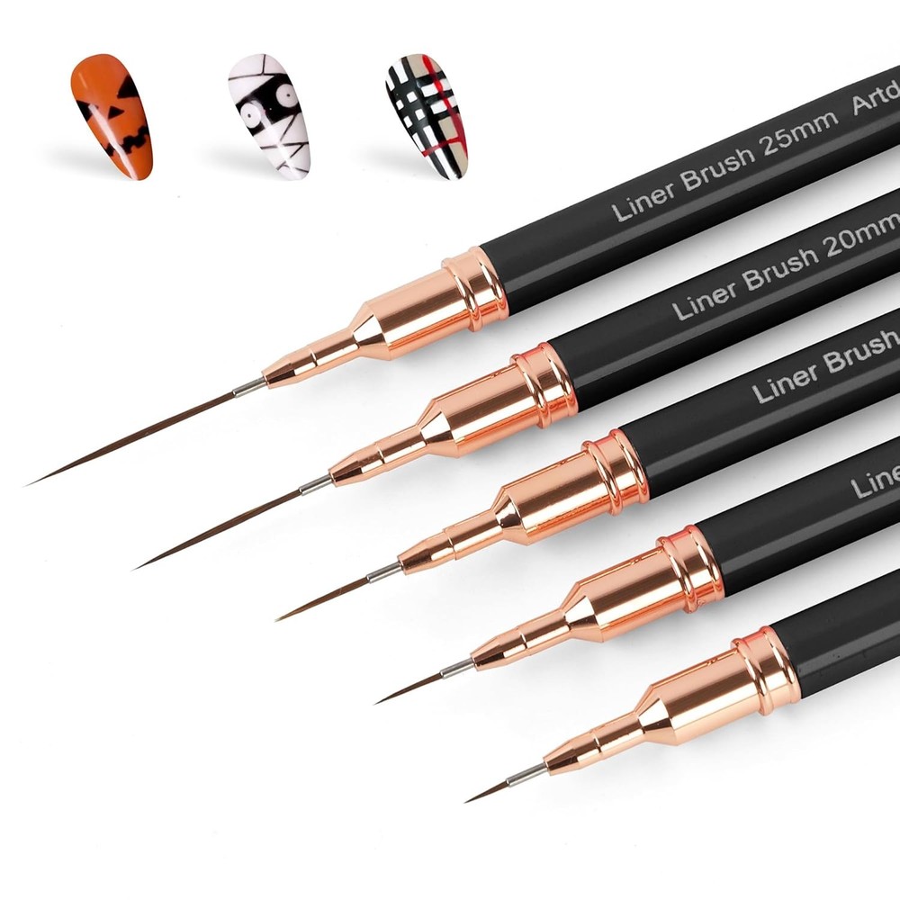 Artdone 5PCS Metallic Nail Art Liner Brushes Set, Black Fine Detail UV Gel