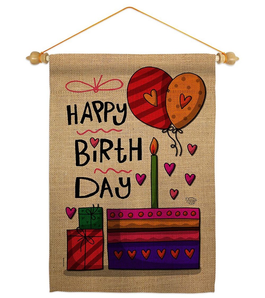 Happy Birth Day Garden Flag - Set Wood Dowel Celebration Birthday Cake Gift P...