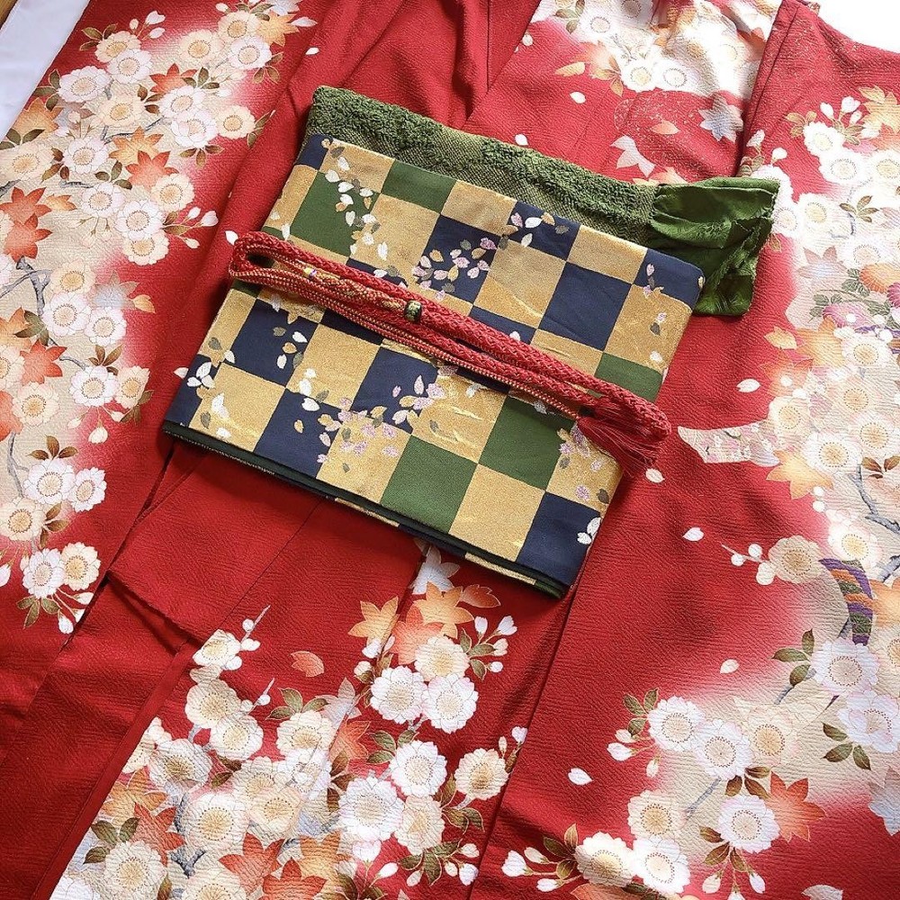 Furisode Kimono Set Pure Silk Long Undergarment Obi for Coming-of-Age Used