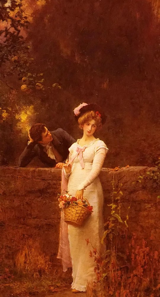 Romantic Evening Oil Painting by Marcus Stone Featuring Two Lovers on Canvas
