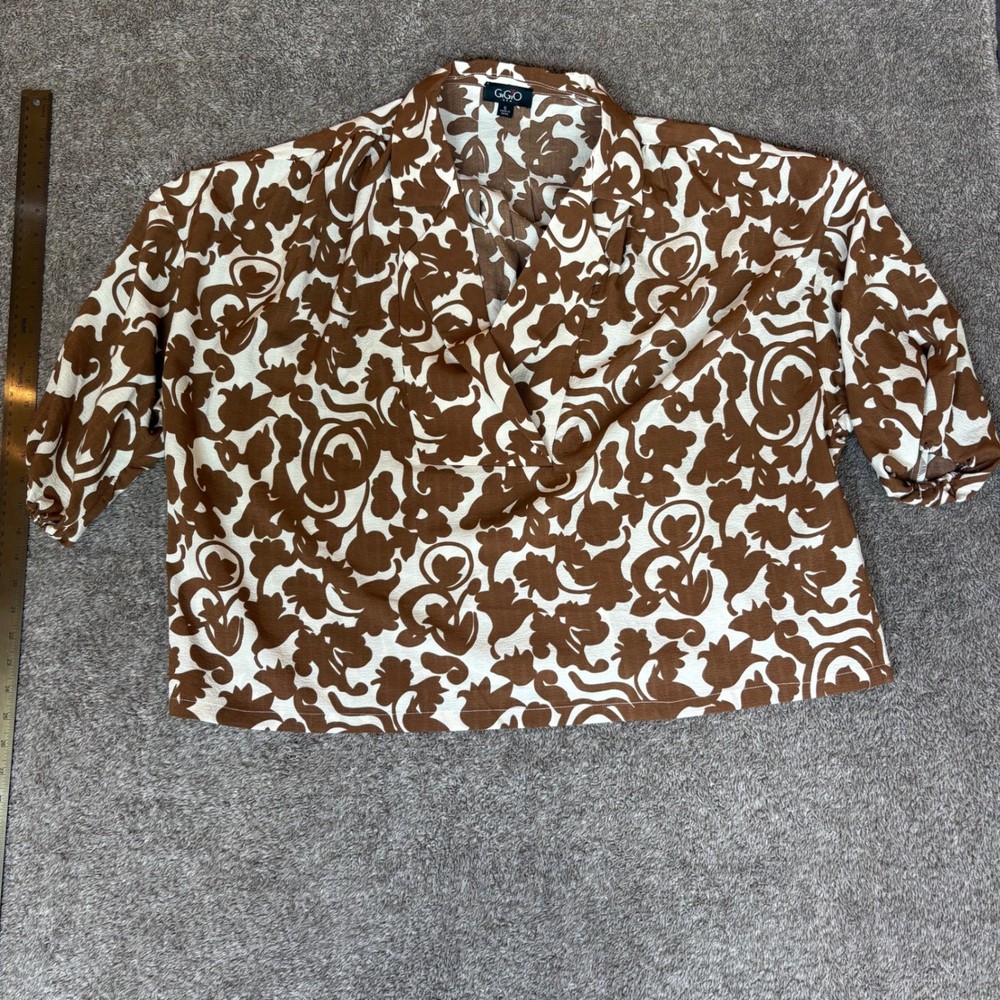 GiGiO USA Women's Brown White Abstract Floral Print V Neck 3/4 Sleeve Blouse Top