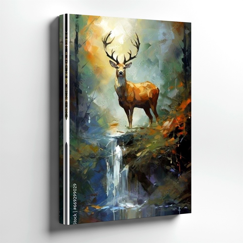 Wall Art Deer Stag Forest Waterfall Abstract Painting Rustic Nature Decor Print-image