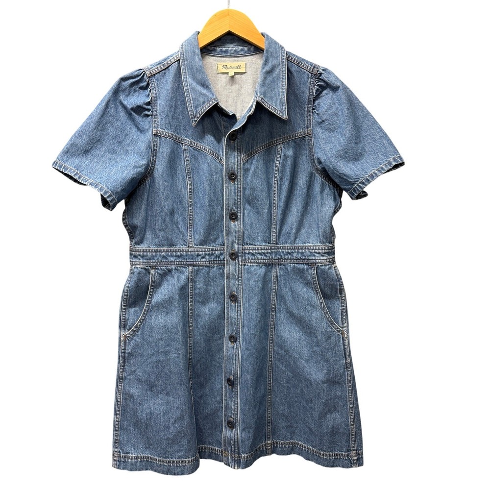 Madewell Denim Dress Womens 12 Blue Button Up Puff Sleeve Mini Coastal Cotton
