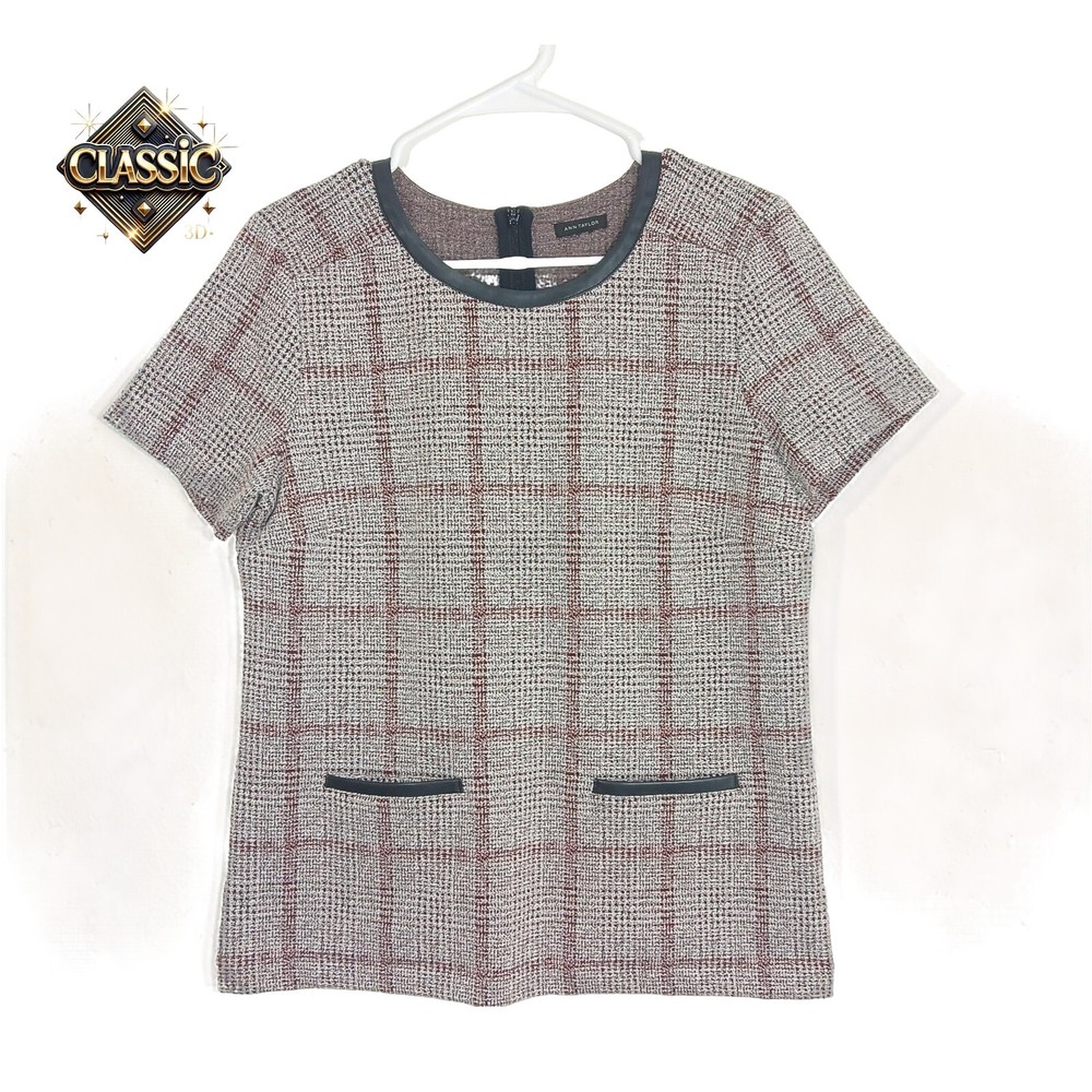 Ann Taylor Women’s Size S Red Black Plaid Short Sleeve Faux Leather Trim Top