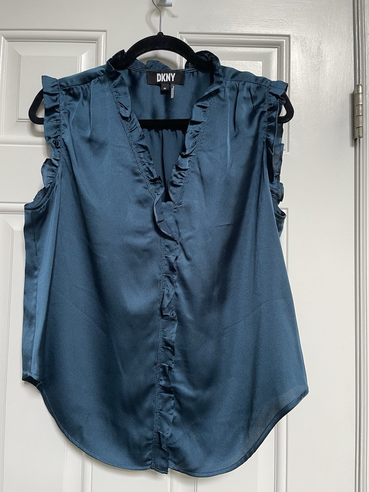 Women’s DKNY Blouse SizePXL, Turquoise satin like finish ruffle edges sleeveless