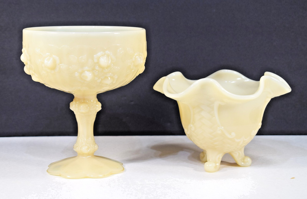 Vintage Fenton Custard Satin Uranium Glass - Cabbage Rose Compote & Cameo Vase