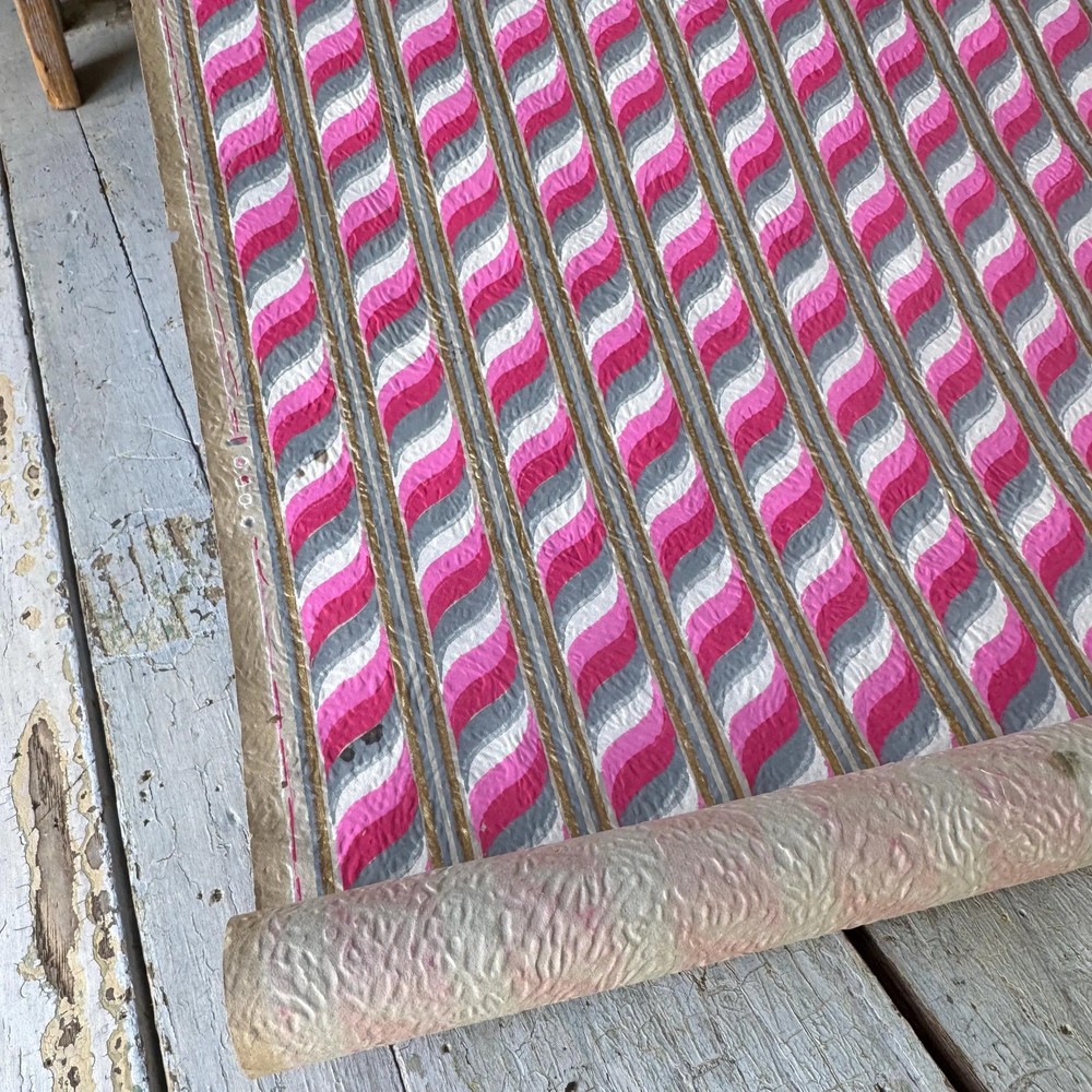 2.9yds Antique wallpaper roll Art Nouveau stripe Isidore Leroy style pink grey