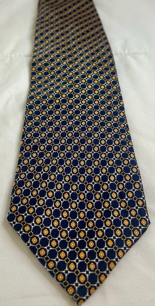Vintage Sir Johnny Men's 100% Silk Tie Blue Gold White Geometric Pattern