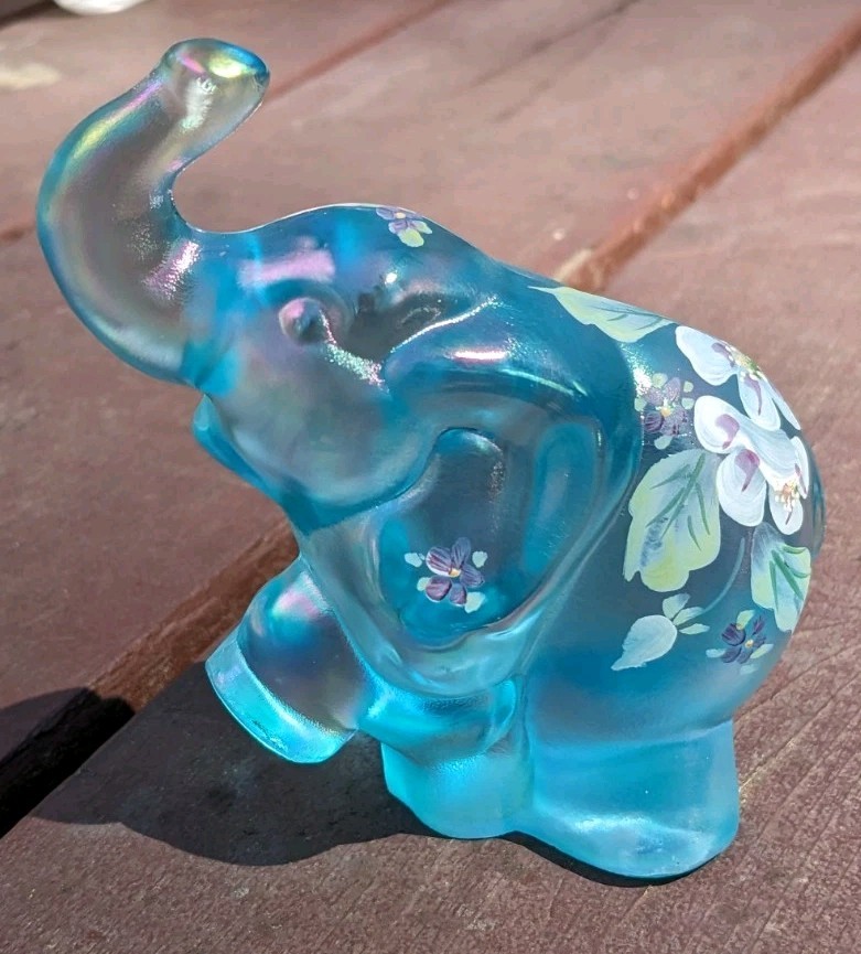Vtg Fenton Art Glass Elephant Iridescent Blue Carnival Trunk Up Painted M. Young