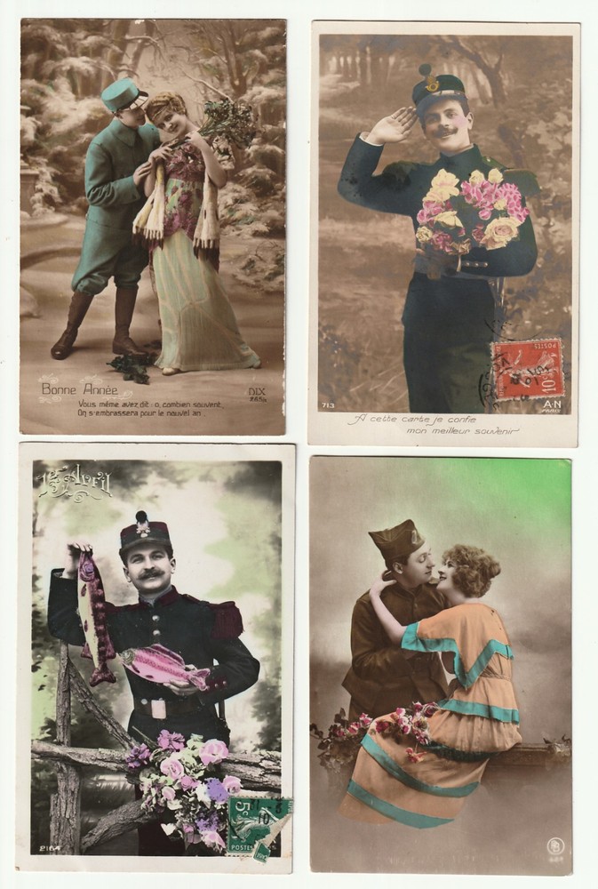 5 Antique French Romantic Postcards Hand Colored Early 1900s