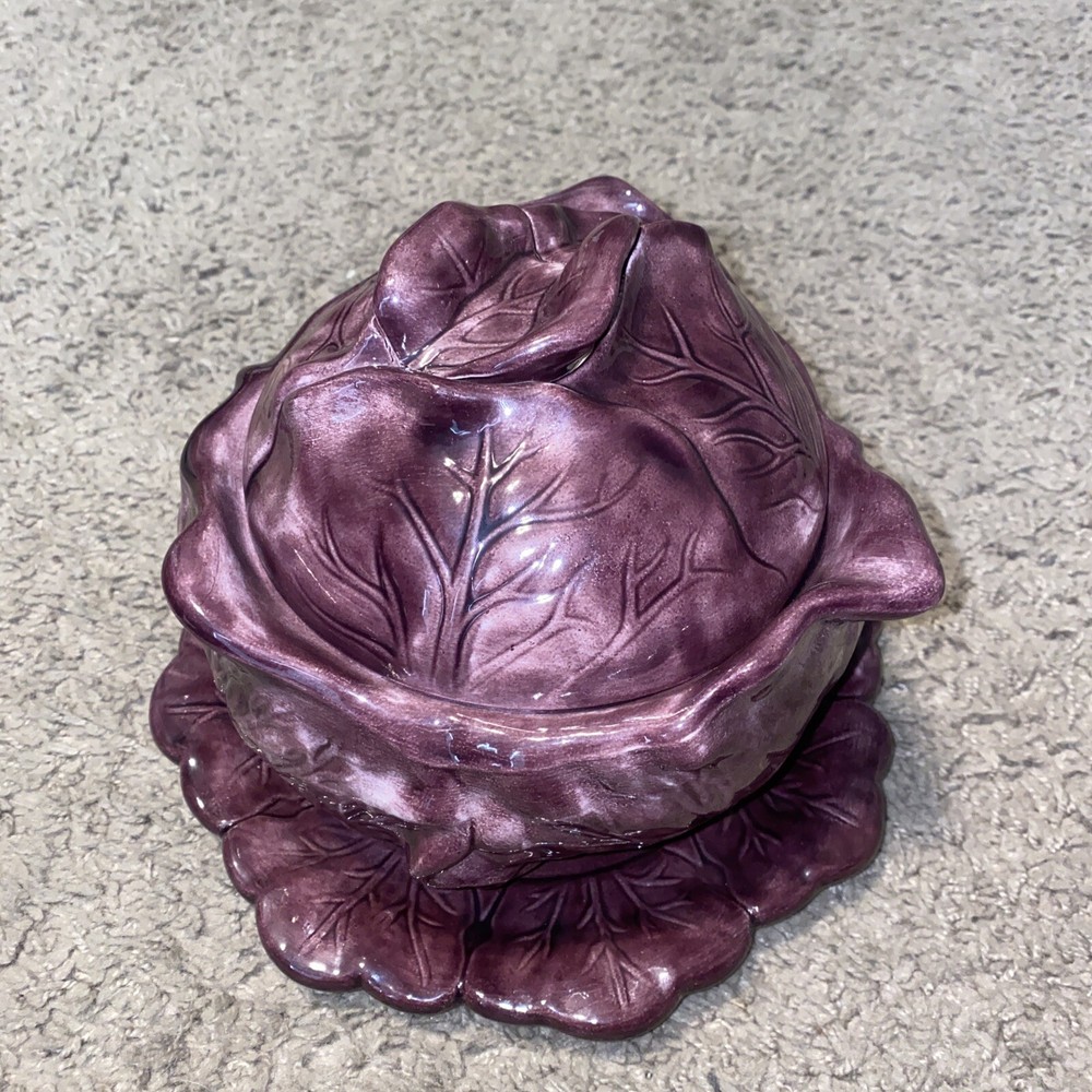 Purple Holland Mold Ceramic Cabbage Lettuce Serving Dish Plate 3 Piece Set! SEE!