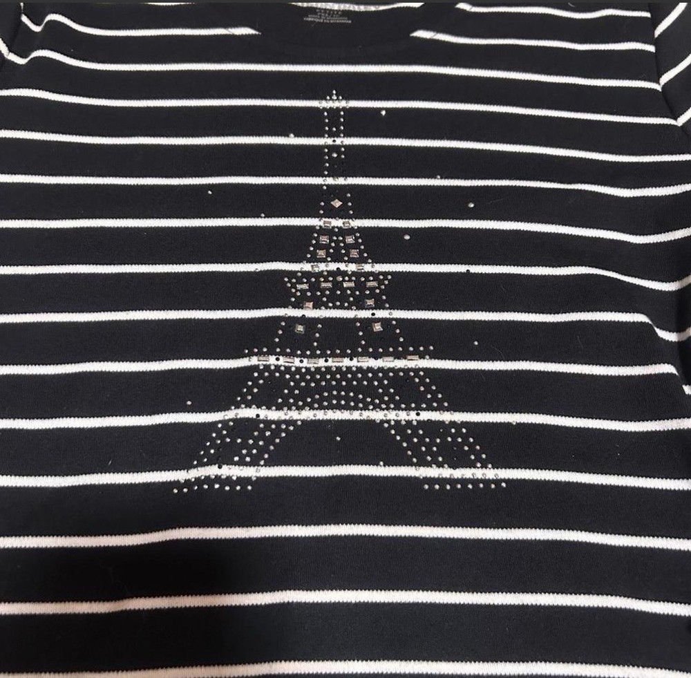 Women’s Black White Striped Long Sleeve Round Neck Rhinestone Top, Petite PXS