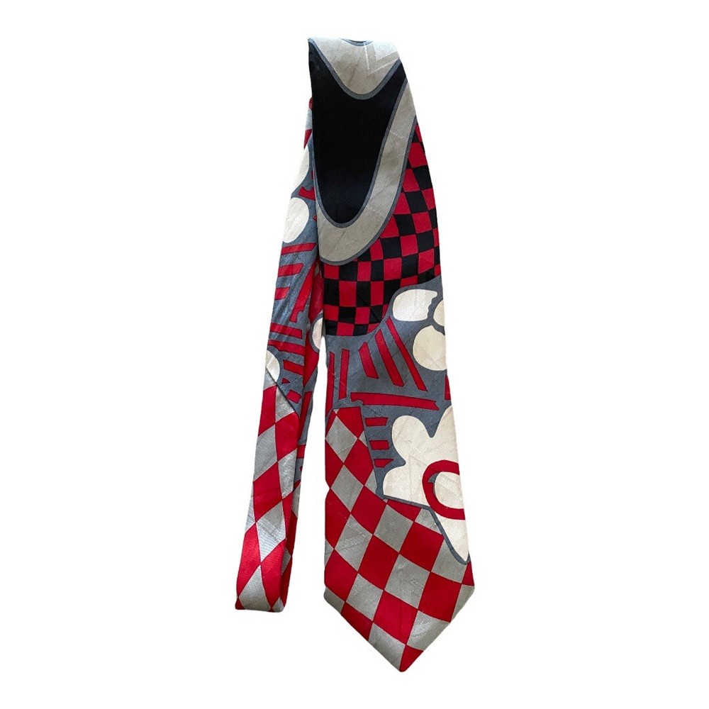 Vintage Balmain 100% silk necktie Red Black Gray Retro Cool Guy ‘70s Vibe