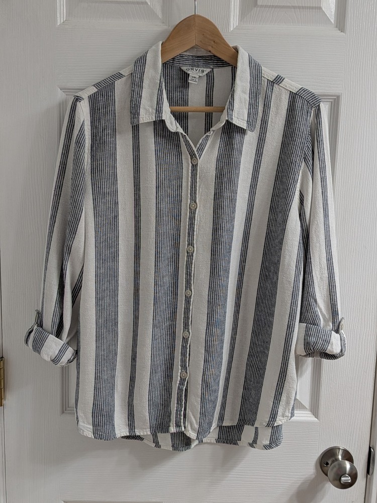 Women's Orvis Linen Blend Button Down Large Striped EUC