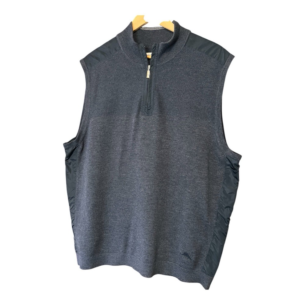 Tommy Bahama Mens XL Quarter Zip Sweater Vest Knit Mock Neck Navy Blue