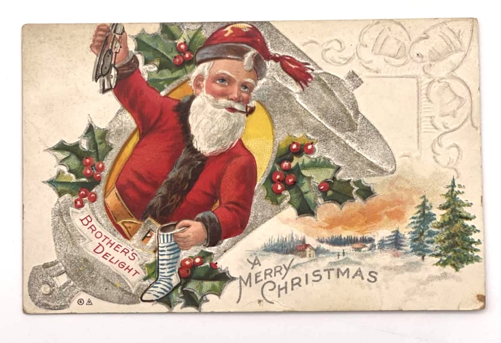 c1910's Christmas Santa Claus Giant Bell Holly Socks Embossed Antique Postcard