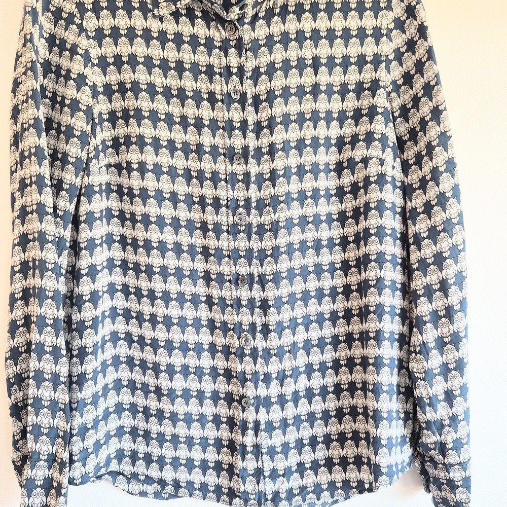 J.Crew 100% Silk Owl Print Blue White Button-Up Blouse Collared Long Sleeve Sz 2