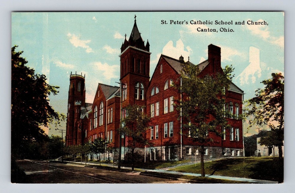 Canton OH-Ohio, St Peter's Catholic School and Church, Vintage Souvenir Postcard