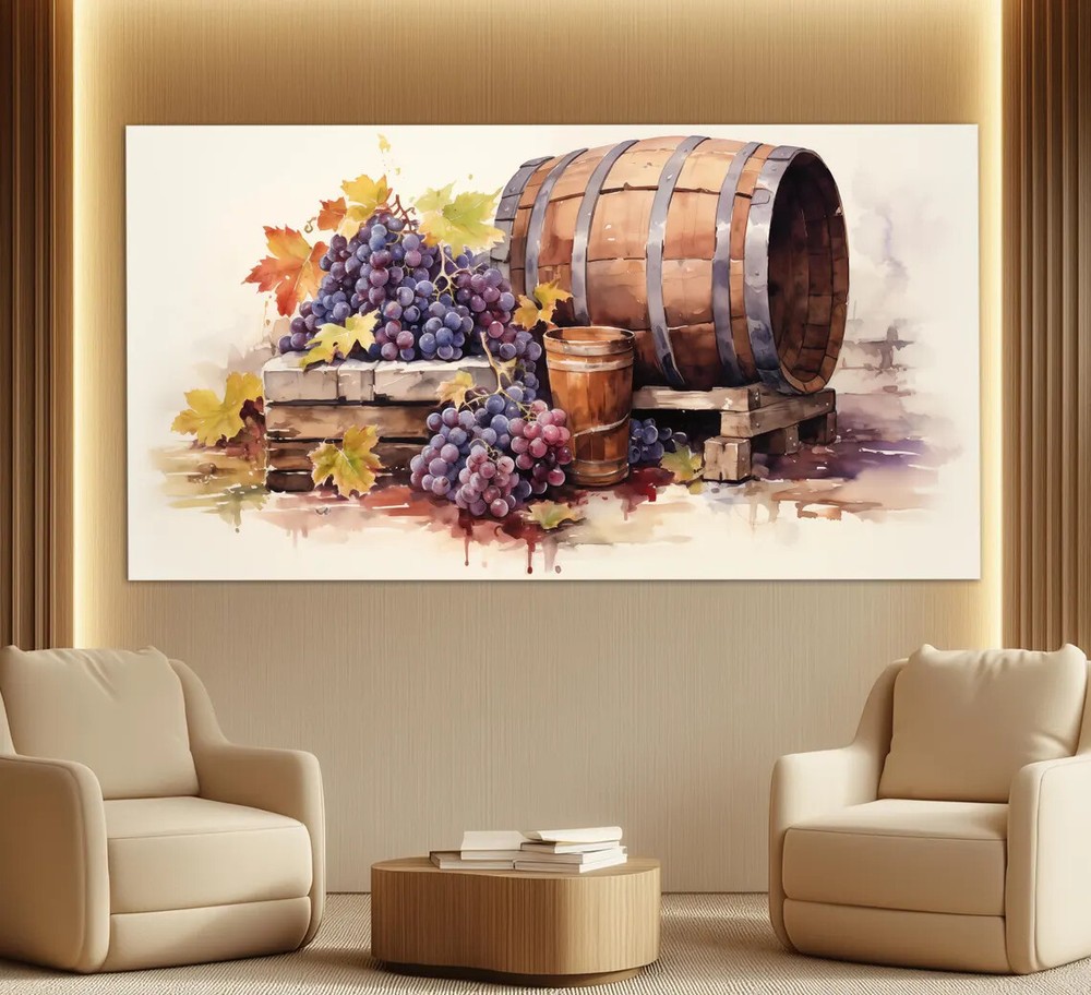 Vintage Wine Barrel Watercolor Grapes Unframed Canvas Print Australian Wall Art