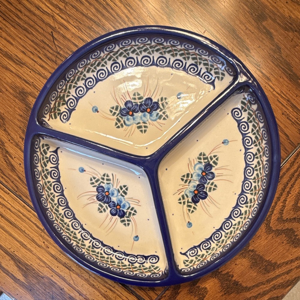 Kalich Boleslawiec Handmade Floral Ceramic Divided Plate Blue 9