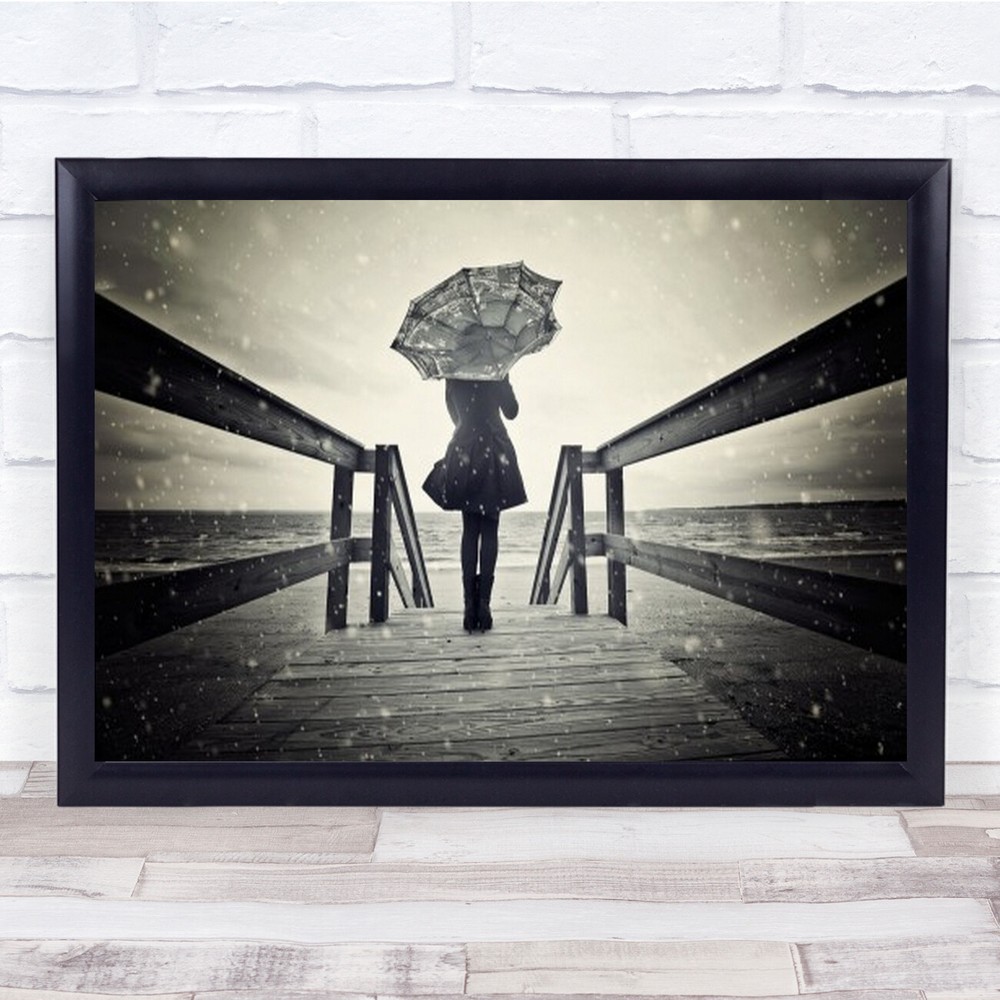 Awaiting Umbrella Sepia Footbridge Beach Snowfall Wall Art Print