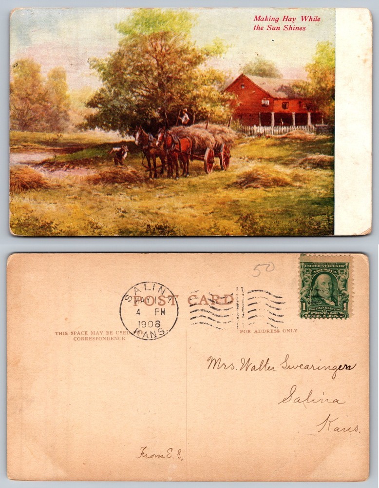 Making Hay While Sun Shines Farm Horses Postcard