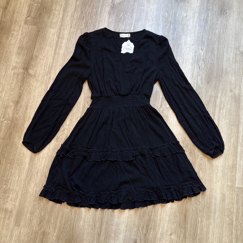 Altar’d State Black Long Sleeve Ruffle Mini Dress Small NWT Boho Fall Party