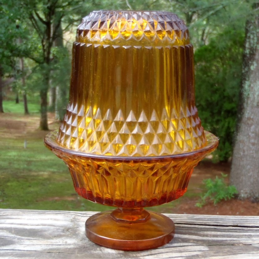 Vintage Indiana Glass Amber DIAMOND POINT 2 Piece FAIRY LAMP VGUC NR