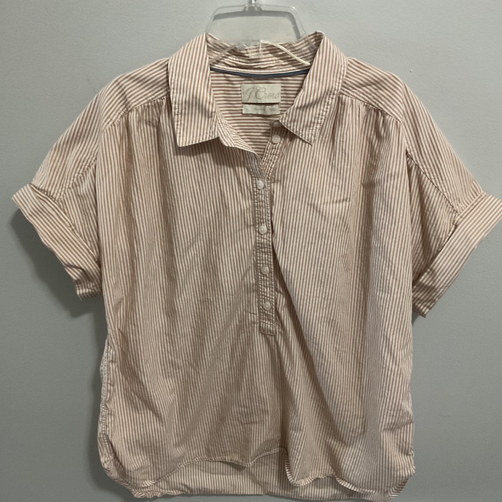 Womens J. Crew Tan/White Striped Short Sleeve Button Up Top, Size Large,Preppy