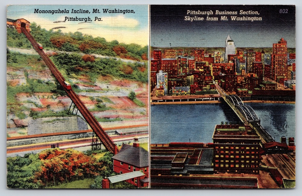 Pittsburgh PA~Monongahela Incline & Skyline At Night~Vintage Linen Postcard