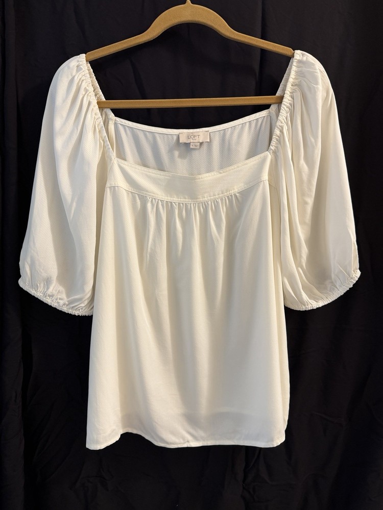 LOFT Outlet Women’s XL White Solid Square Neck Puff Sleeve Rayon Blouse