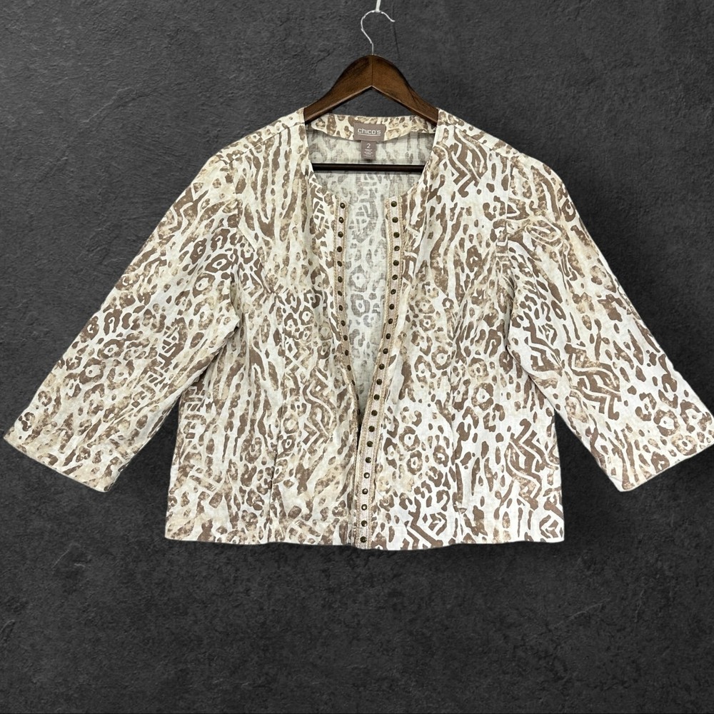 Chico's Women Open Front Light Jacket Size L (2) Brown Animal Print Linen Rayon