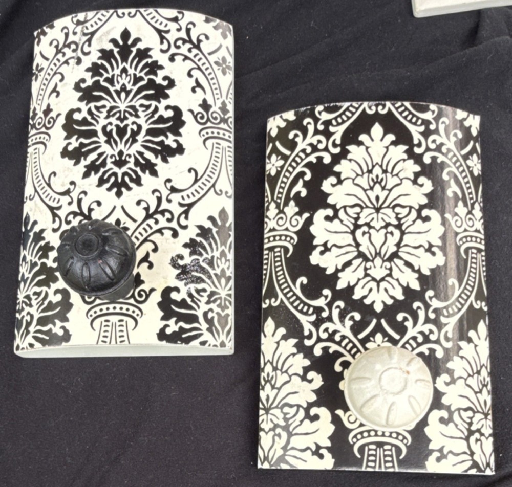 Black White Damask Vintage Wall Plaques with Knobs Set of 2  5in x 8 in