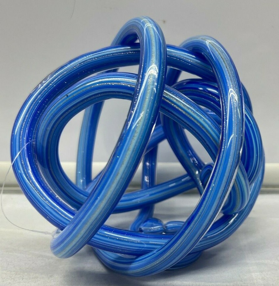 Abstract Art Glass Knot Twisted Figurine Blue Sparkle Gold Inclusions New 6