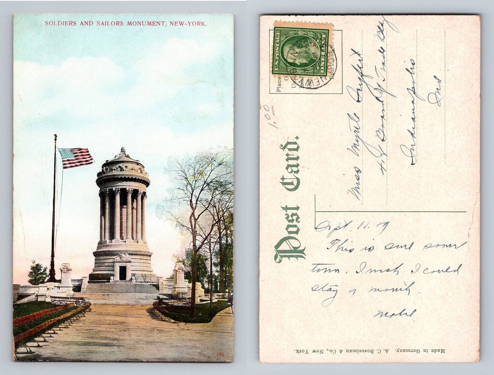 New York City NY, Soldiers and Sailors Monument Flag Vintage Postcard
