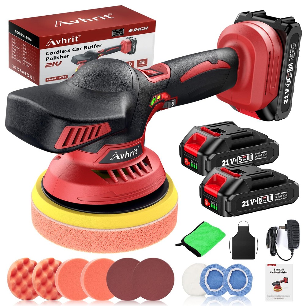 Cordless Car Buffer Polisher kit w/ 2x2000mAh 21V Batteries, 6 Inch Car buffe...