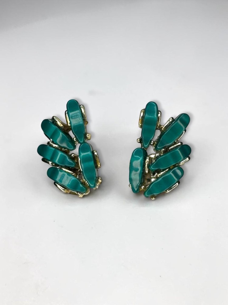 Teal Lucite Leaf Cluster Clip On Earrings Gold Tone 1960s Vintage