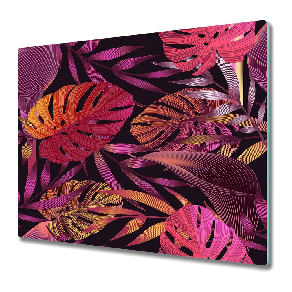 Glass Worktop Saver Kitchen Tropical jungle leaves purple and orange 60x52