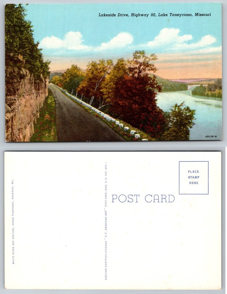Lakeside Drive Hwy 80 Lake Taneycomo Missouri Vintage Linen Postcard