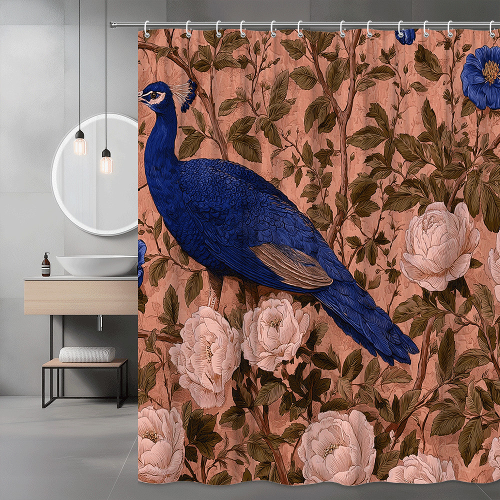 Peacock Floral Shower Curtain Pink Background Blue Bird Print
